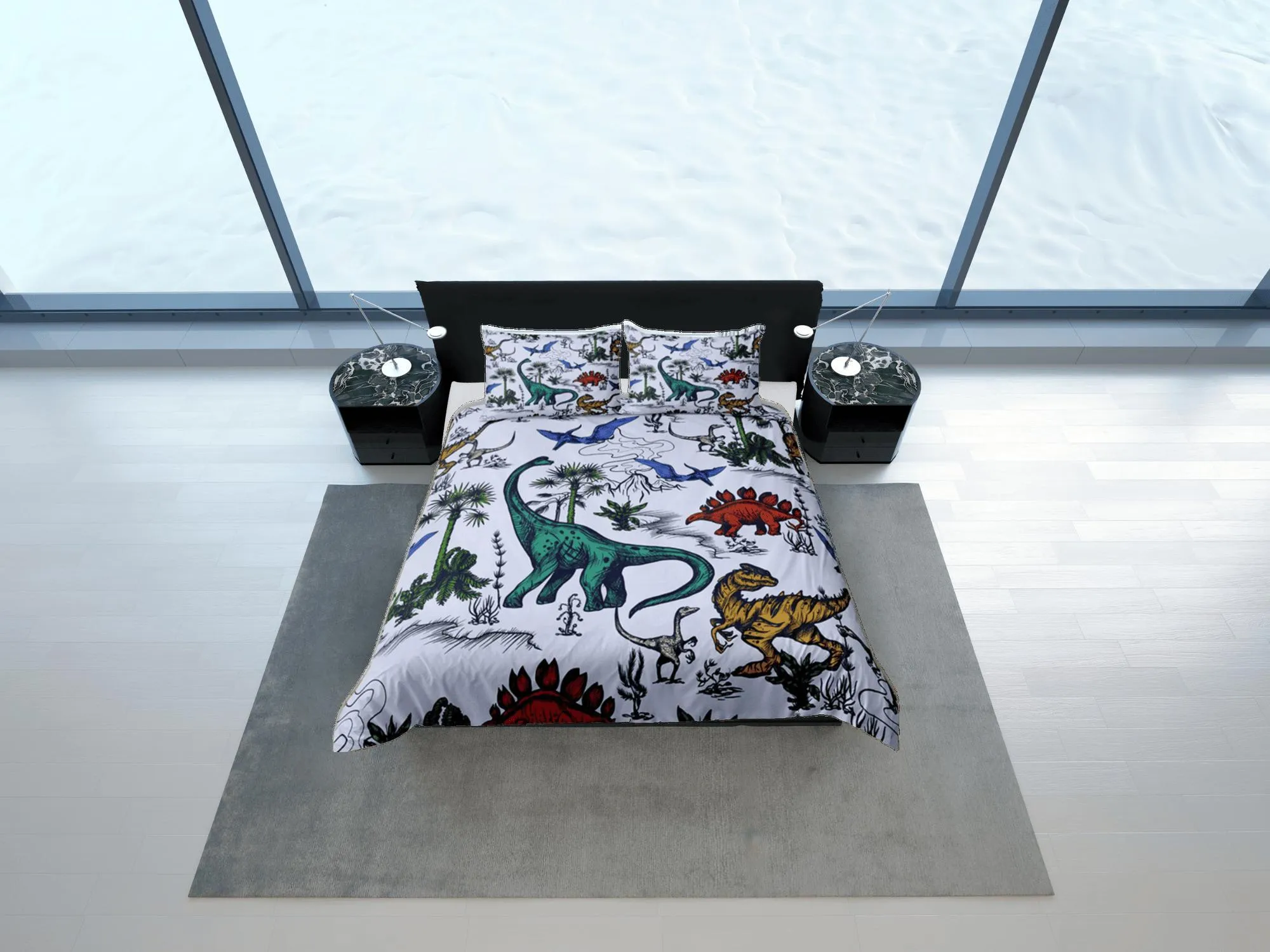 Colorful Dinosaurs Duvet Cover Set Cute Bedspread, Dorm Bedding with Pillowcase