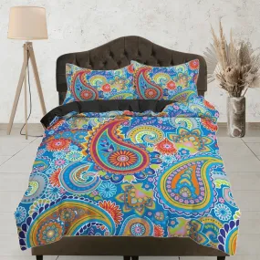 Colorful paisley blue duvet cover set, aesthetic room decor bedding set full, king, queen size, abstract boho bedspread, luxury bed cover