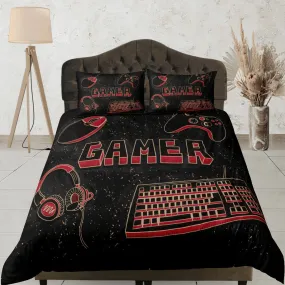 Computer gamer bedding red duvet cover, video gamer boyfriend gift bedding set full king queen twin, boys bedroom, college dorm bedding