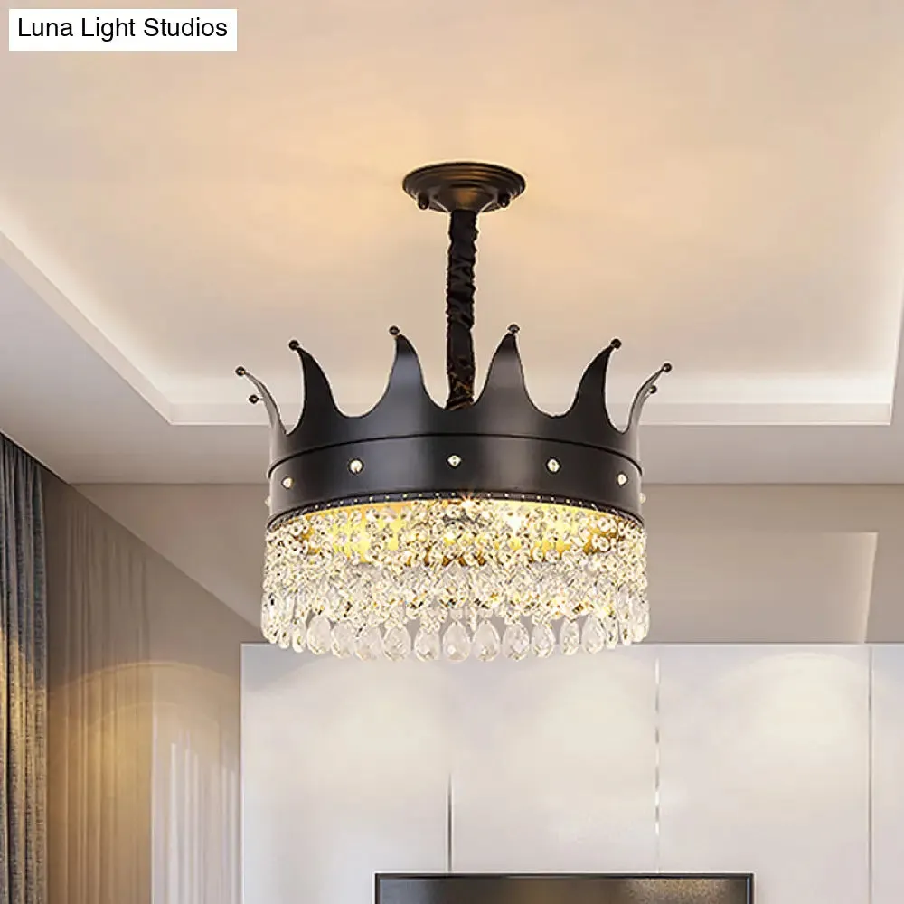 Contemporary 4-Bulb Black Pendant Chandelier with Crystal Droplet - Crown Shape Metal Suspension Lighting