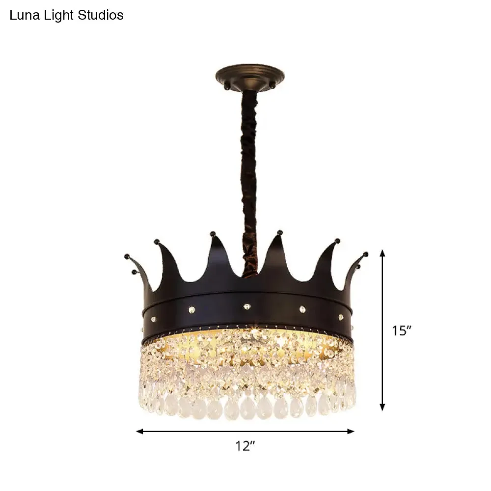 Contemporary 4-Bulb Black Pendant Chandelier with Crystal Droplet - Crown Shape Metal Suspension Lighting