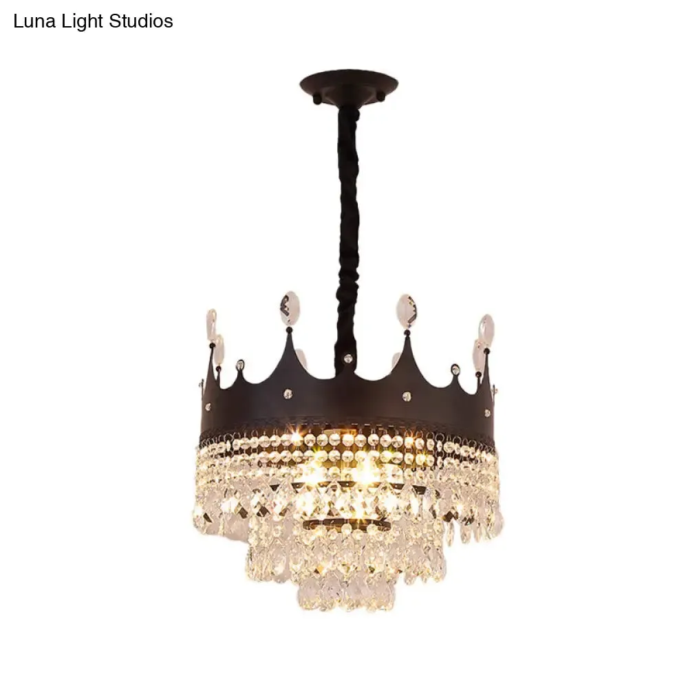 Contemporary 4-Bulb Black Pendant Chandelier with Crystal Droplet - Crown Shape Metal Suspension Lighting