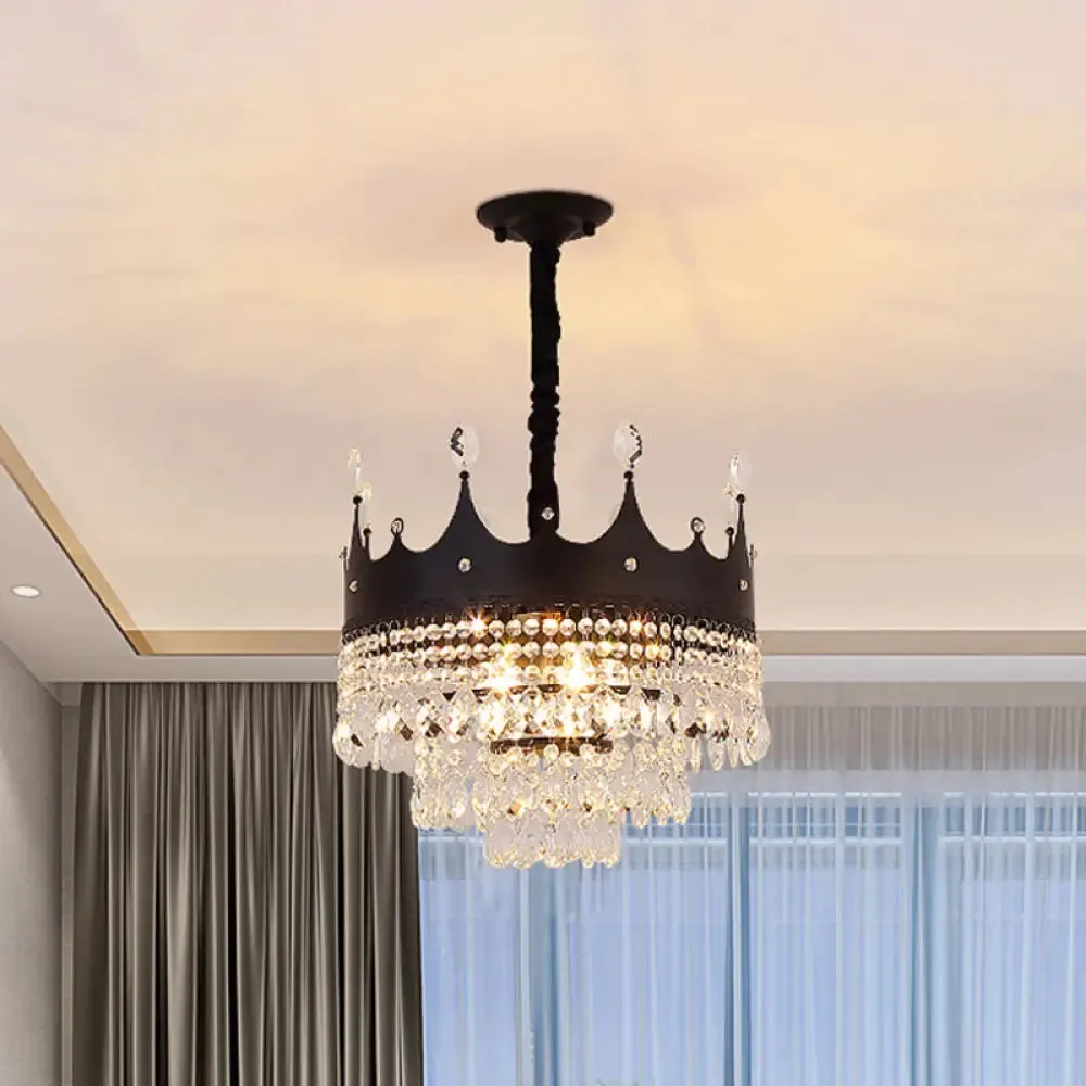 Contemporary 4-Bulb Black Pendant Chandelier with Crystal Droplet - Crown Shape Metal Suspension Lighting