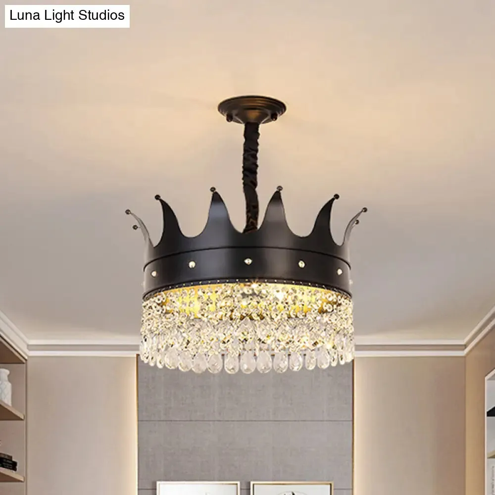 Contemporary 4-Bulb Black Pendant Chandelier with Crystal Droplet - Crown Shape Metal Suspension Lighting