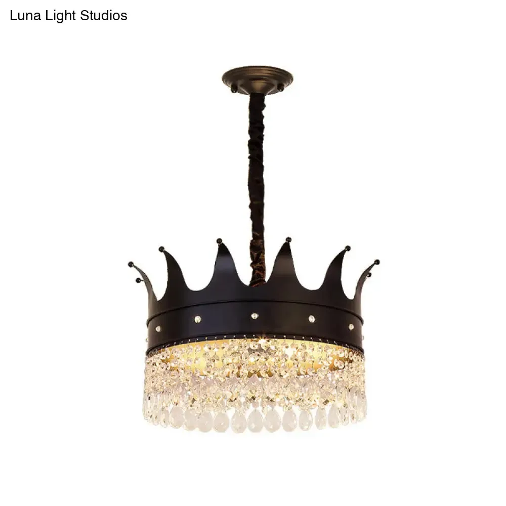 Contemporary 4-Bulb Black Pendant Chandelier with Crystal Droplet - Crown Shape Metal Suspension Lighting