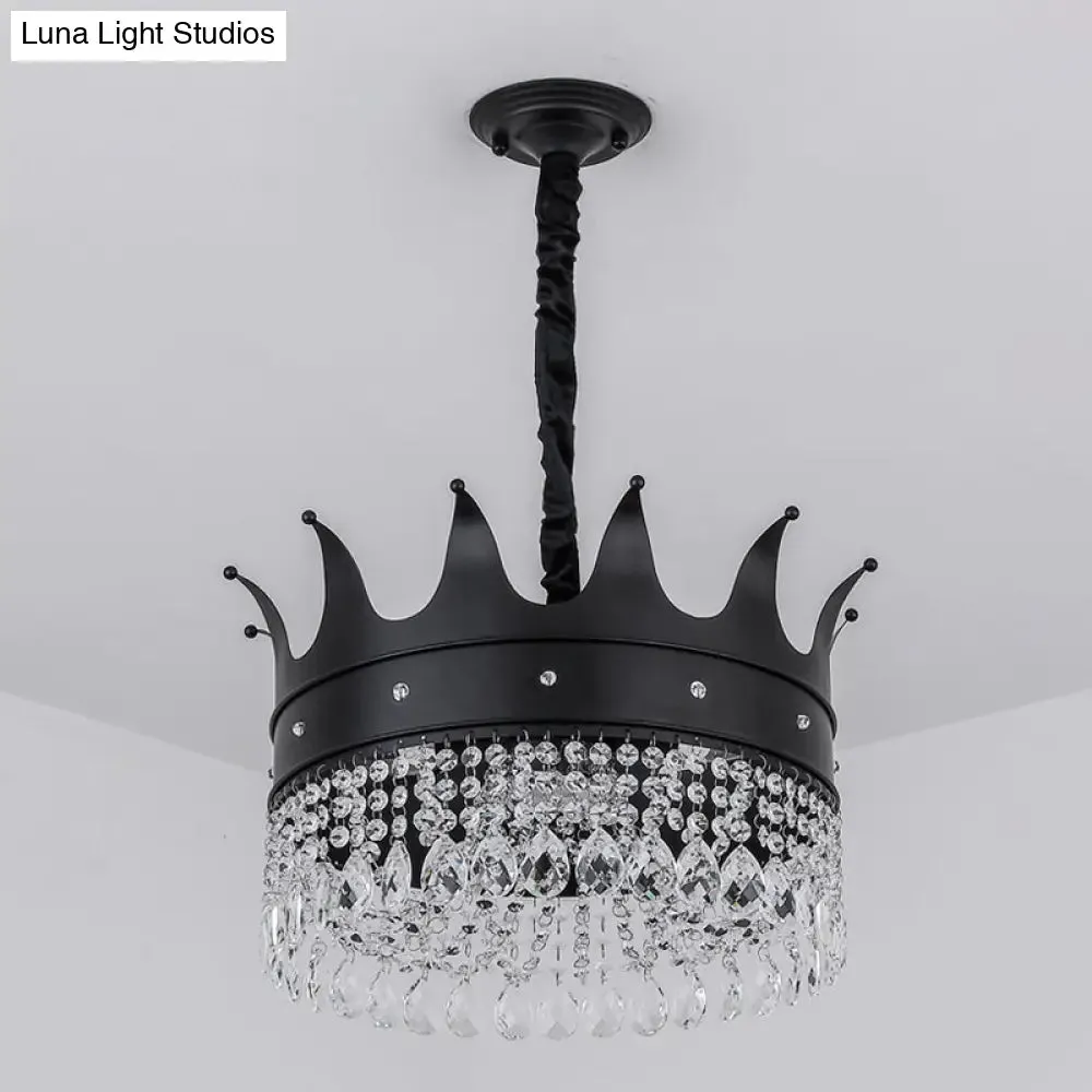 Contemporary 4-Bulb Black Pendant Chandelier with Crystal Droplet - Crown Shape Metal Suspension Lighting