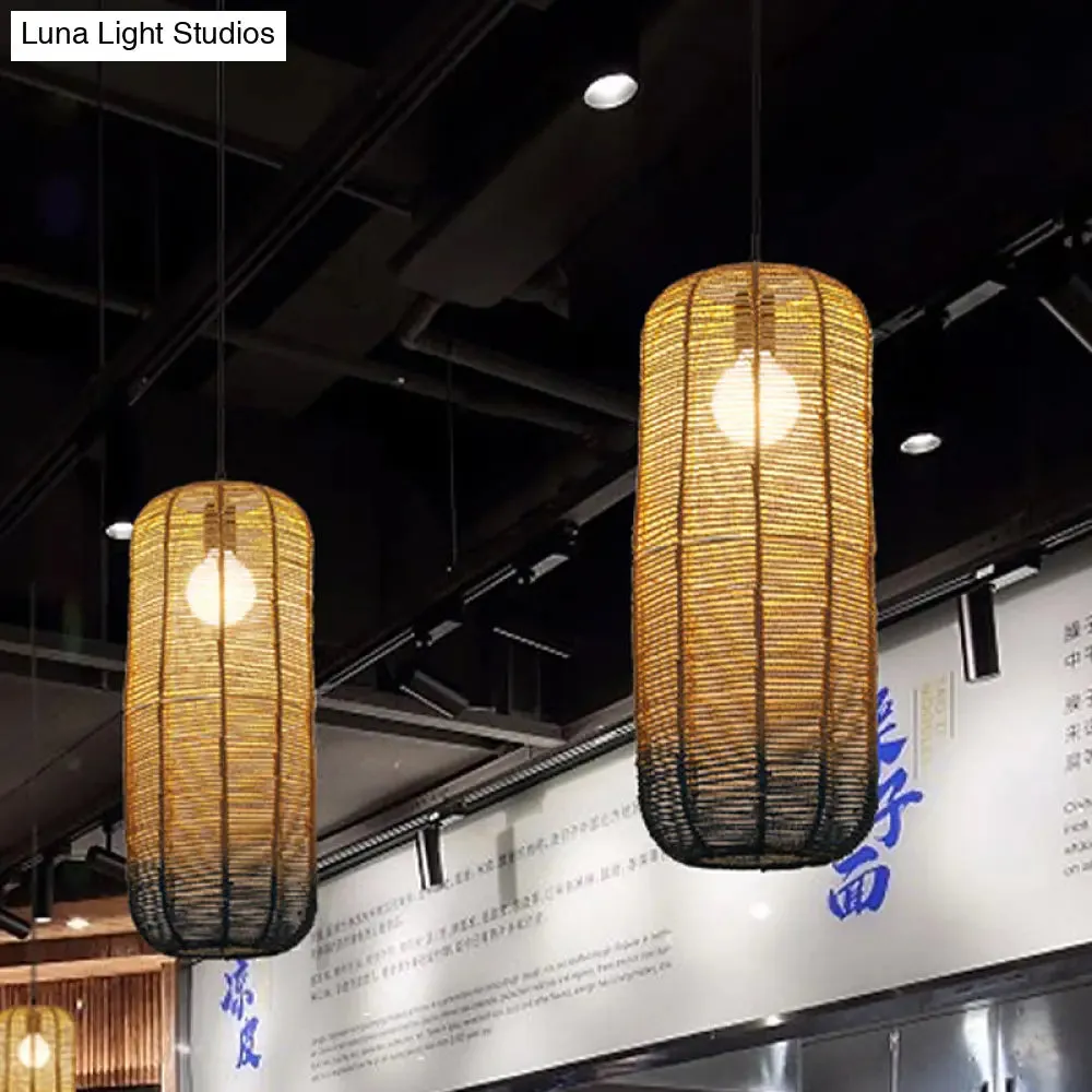 Contemporary Beige and Blue Curved/Elongated Pendant Light - Hemp Rope, 1-Light, 6.5"/8.5"/14" Wide - Ideal for Restaurants