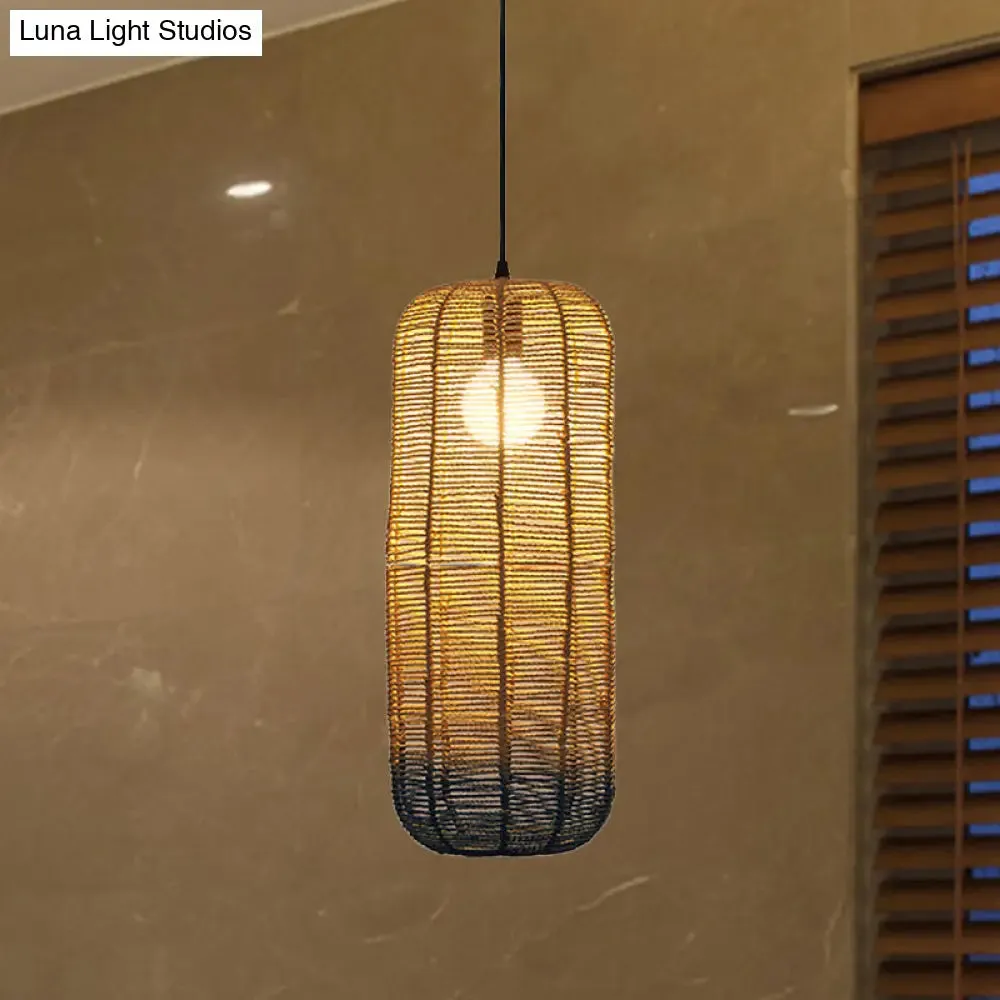 Contemporary Beige and Blue Curved/Elongated Pendant Light - Hemp Rope, 1-Light, 6.5"/8.5"/14" Wide - Ideal for Restaurants