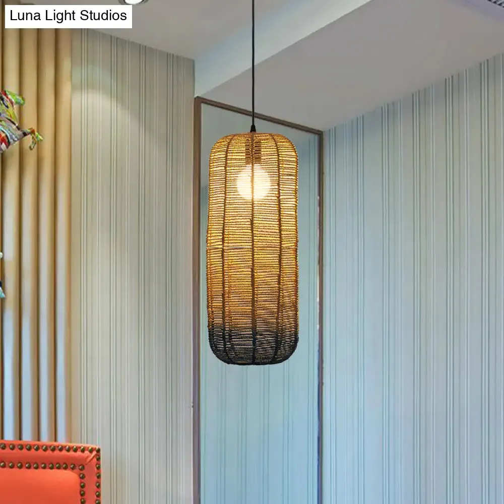 Contemporary Beige and Blue Curved/Elongated Pendant Light - Hemp Rope, 1-Light, 6.5"/8.5"/14" Wide - Ideal for Restaurants