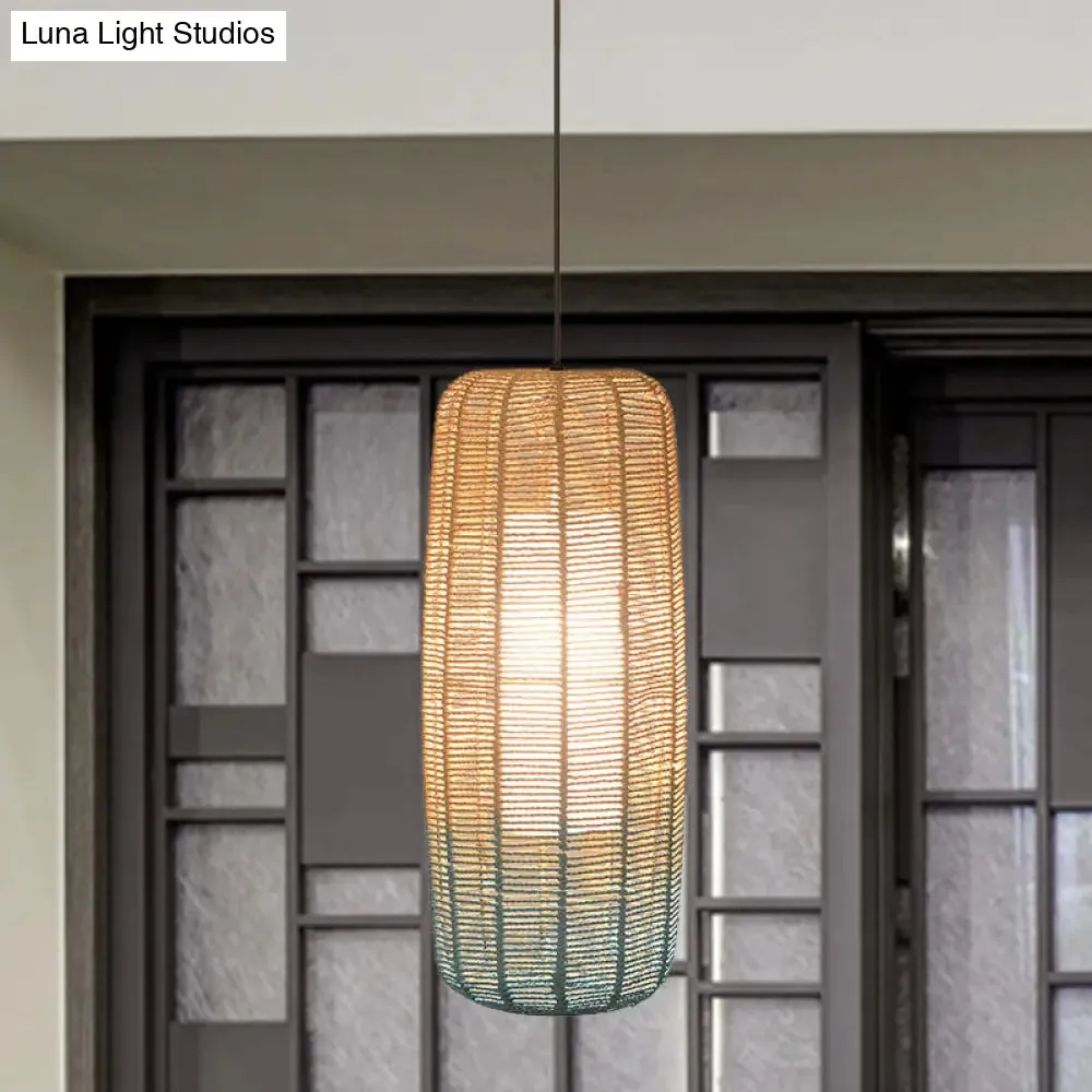 Contemporary Beige and Blue Curved/Elongated Pendant Light - Hemp Rope, 1-Light, 6.5"/8.5"/14" Wide - Ideal for Restaurants