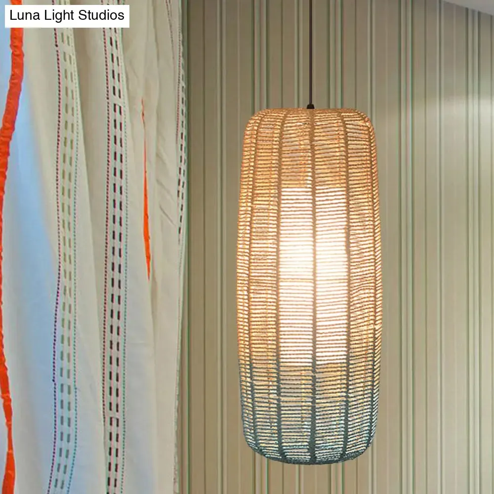 Contemporary Beige and Blue Curved/Elongated Pendant Light - Hemp Rope, 1-Light, 6.5"/8.5"/14" Wide - Ideal for Restaurants