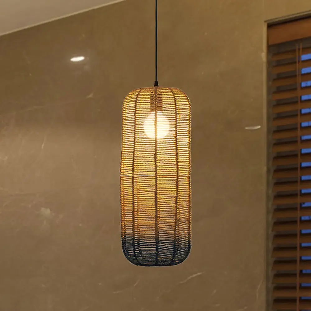 Contemporary Beige and Blue Curved/Elongated Pendant Light - Hemp Rope, 1-Light, 6.5"/8.5"/14" Wide - Ideal for Restaurants