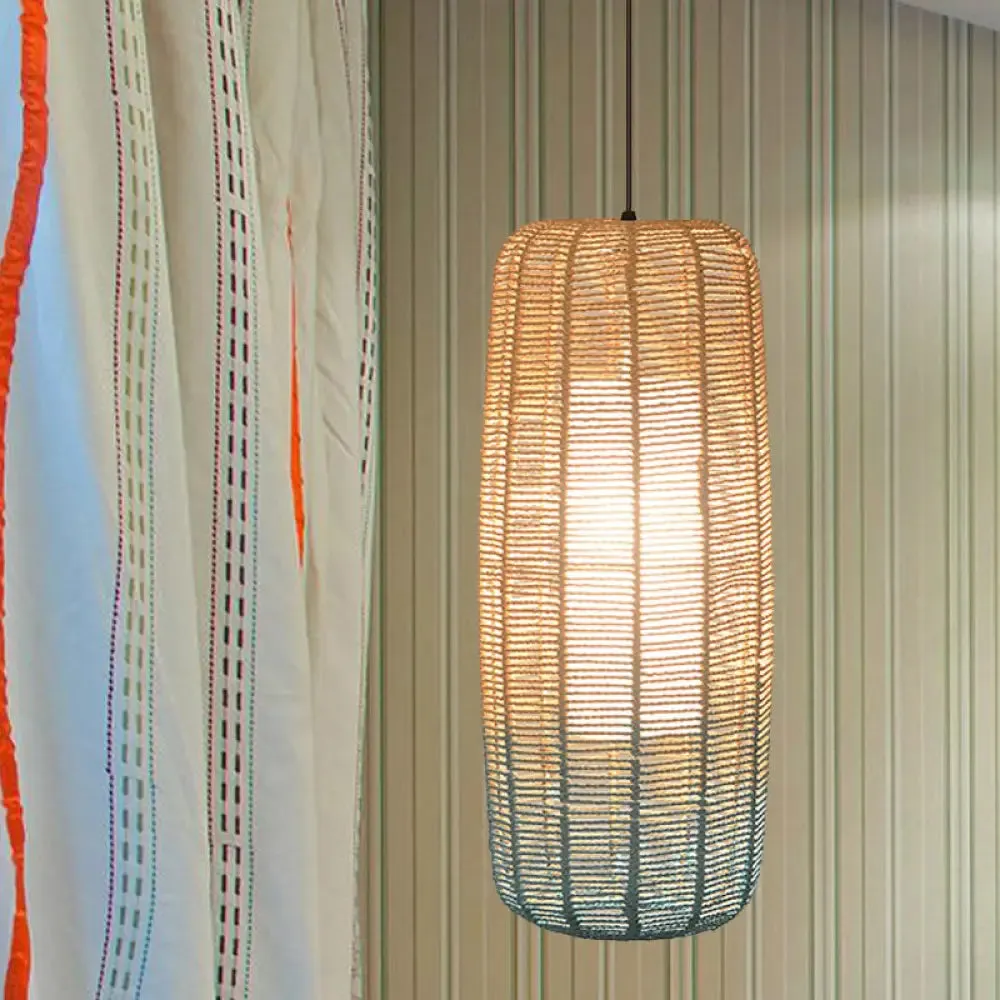 Contemporary Beige and Blue Curved/Elongated Pendant Light - Hemp Rope, 1-Light, 6.5"/8.5"/14" Wide - Ideal for Restaurants