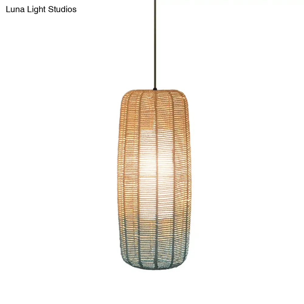 Contemporary Beige and Blue Curved/Elongated Pendant Light - Hemp Rope, 1-Light, 6.5"/8.5"/14" Wide - Ideal for Restaurants