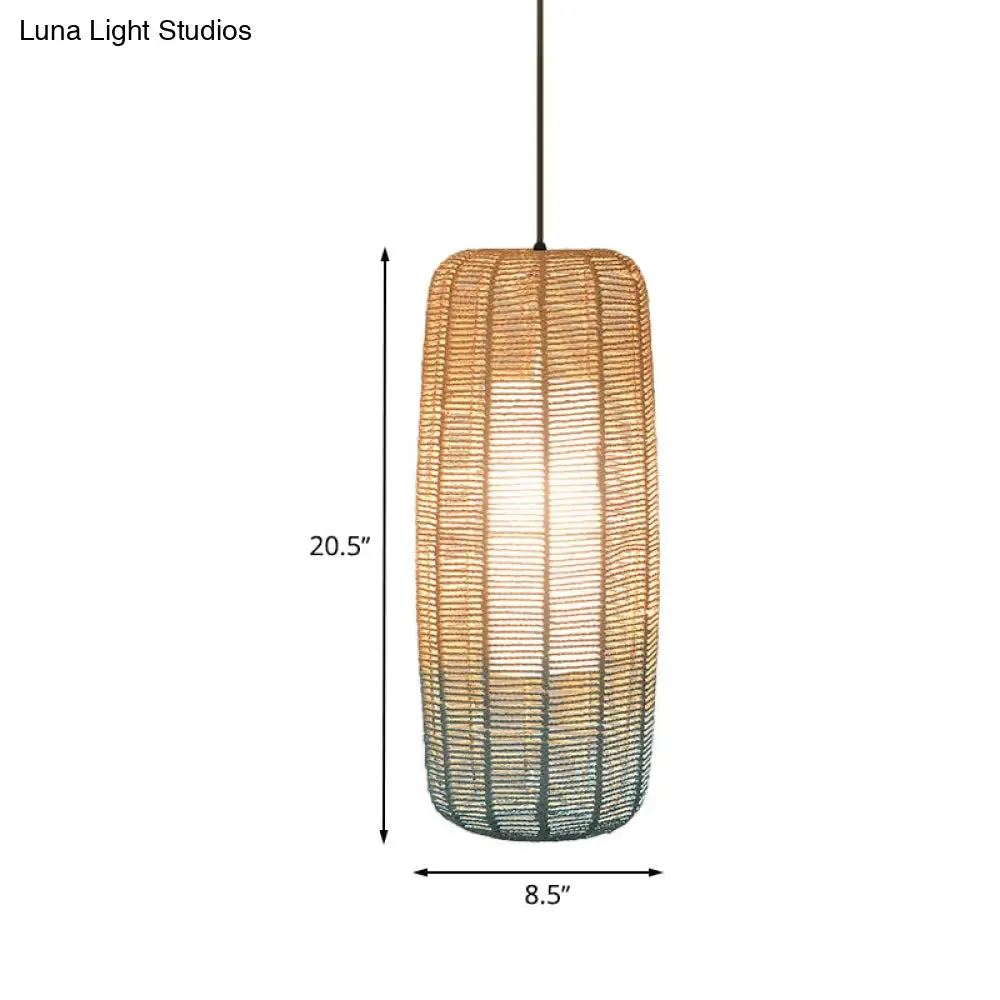 Contemporary Beige and Blue Curved/Elongated Pendant Light - Hemp Rope, 1-Light, 6.5"/8.5"/14" Wide - Ideal for Restaurants