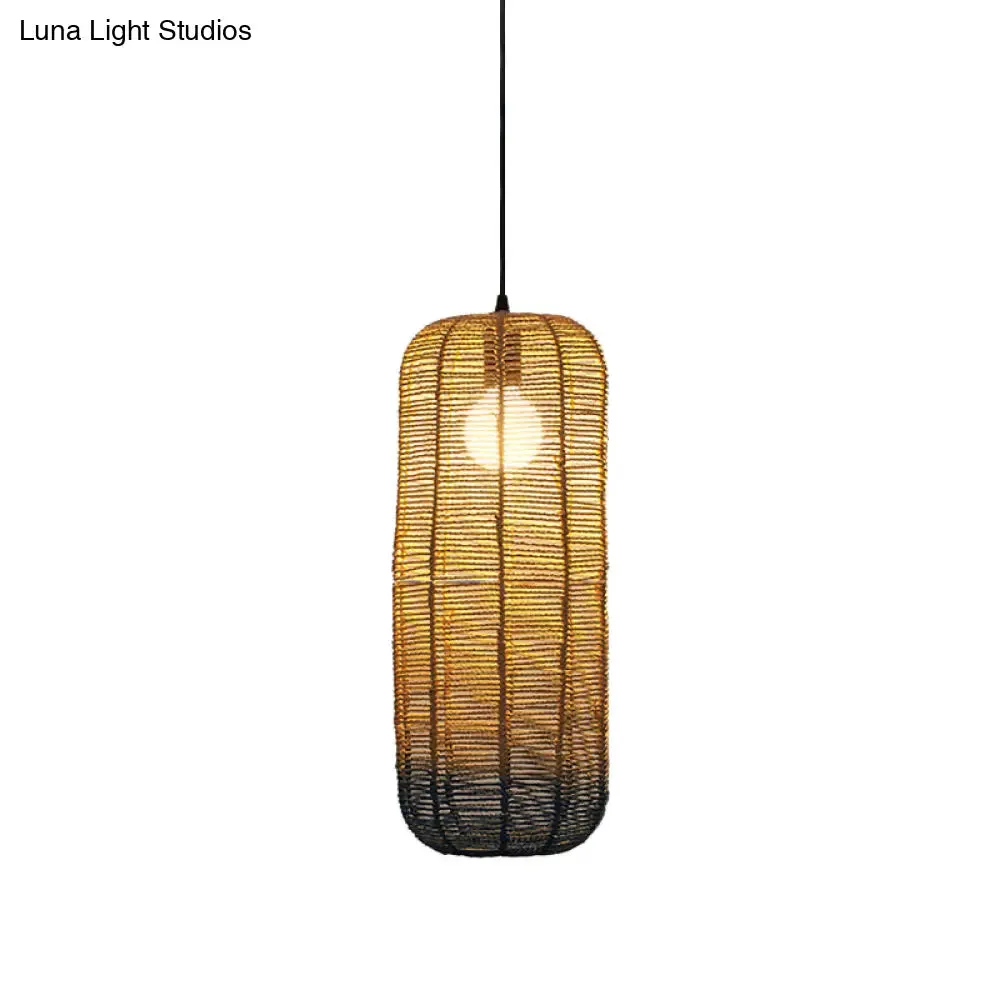 Contemporary Beige and Blue Curved/Elongated Pendant Light - Hemp Rope, 1-Light, 6.5"/8.5"/14" Wide - Ideal for Restaurants