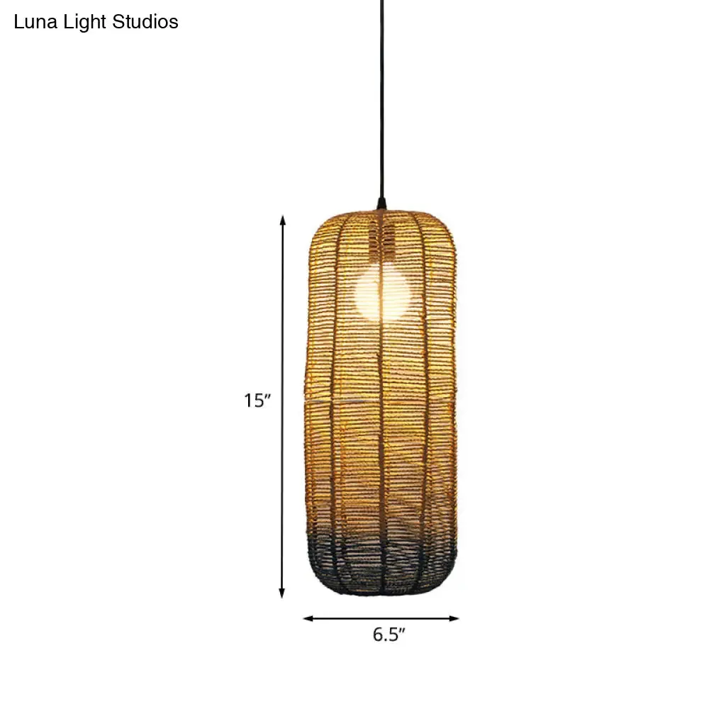 Contemporary Beige and Blue Curved/Elongated Pendant Light - Hemp Rope, 1-Light, 6.5"/8.5"/14" Wide - Ideal for Restaurants