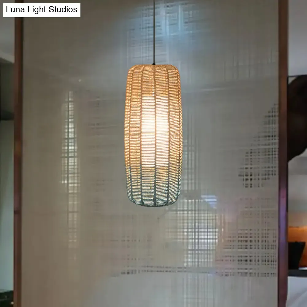 Contemporary Beige and Blue Curved/Elongated Pendant Light - Hemp Rope, 1-Light, 6.5"/8.5"/14" Wide - Ideal for Restaurants