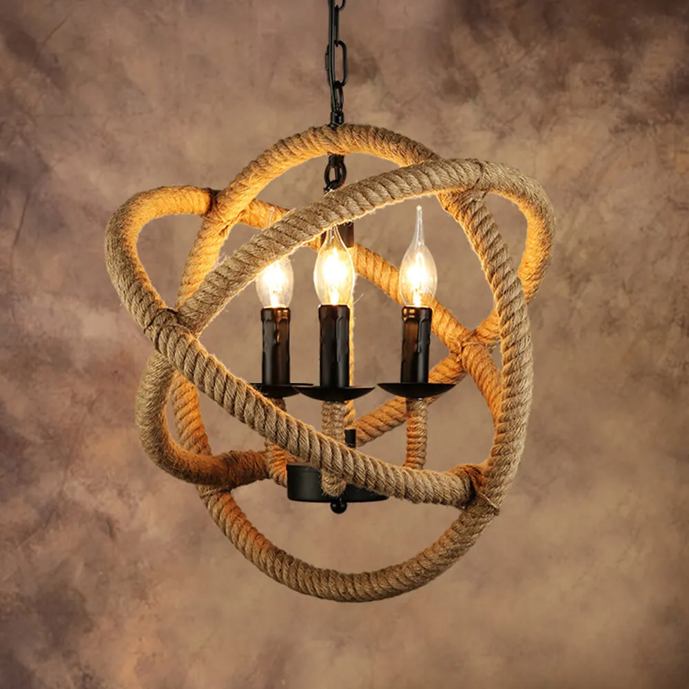 Contemporary Industrial Hemp Rope Round 4-Light Pendant Light For Dining Room