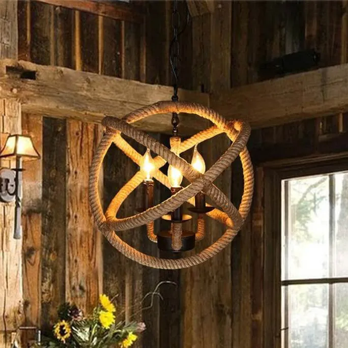 Contemporary Industrial Hemp Rope Round 4-Light Pendant Light For Dining Room