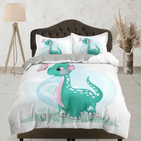 Cute Green Baby Dinosaur Bedding, Duvet Cover Set & Pillowcase, Zipper Bedding, Dorm Bedding, Teens Adult Duvet King Queen Full Twin Single