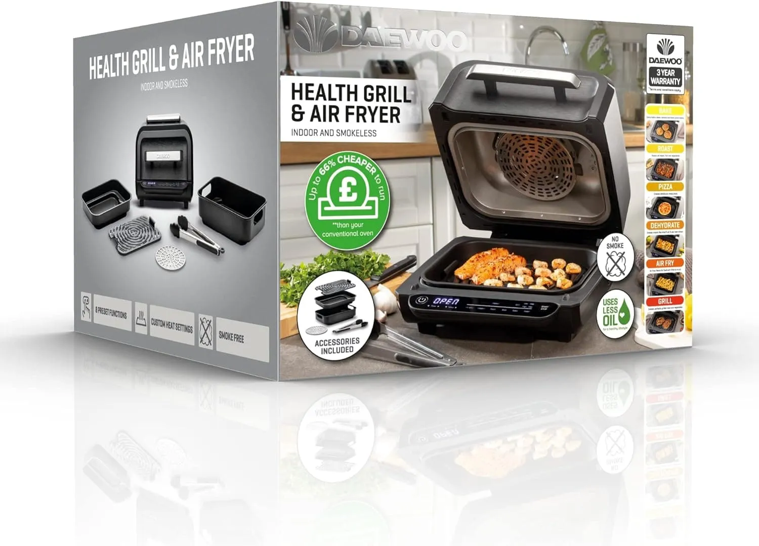 Daewoo Digital Health Grill And Air Fryer, 8-In-1 Combination, Bake, Roast, Grill And More For Healthier Cooking With Less Oil, Sleek And Modern Design With Auto Shut Off, Family Sized, 4 Litres