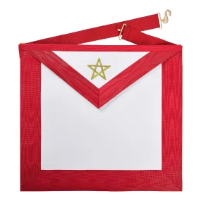 Excellent Master Allied Masonic Degrees Apron - Red Moire Ribbon With Embroidered Gold Pentagram