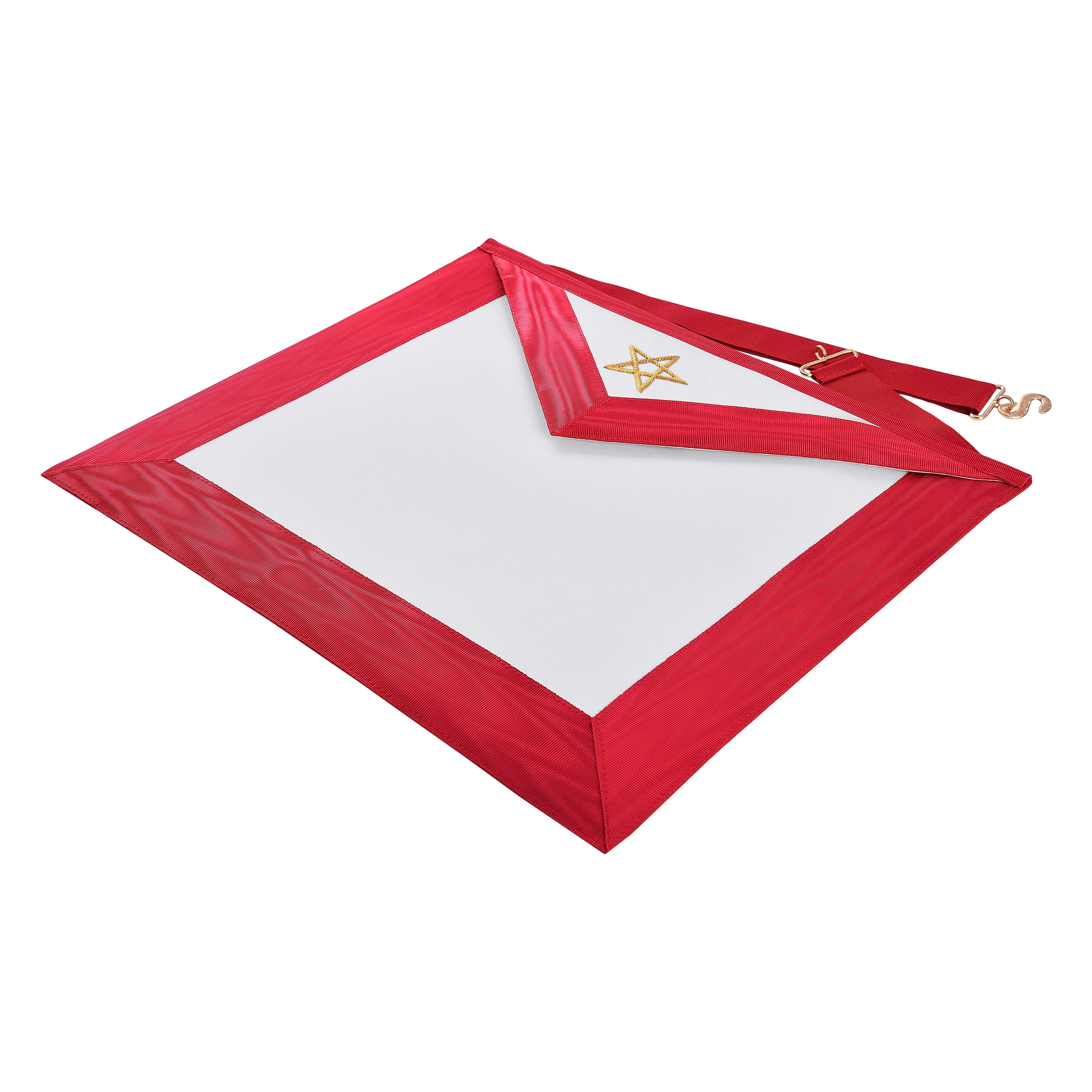 Excellent Master Allied Masonic Degrees Apron - Red Moire Ribbon With Embroidered Gold Pentagram