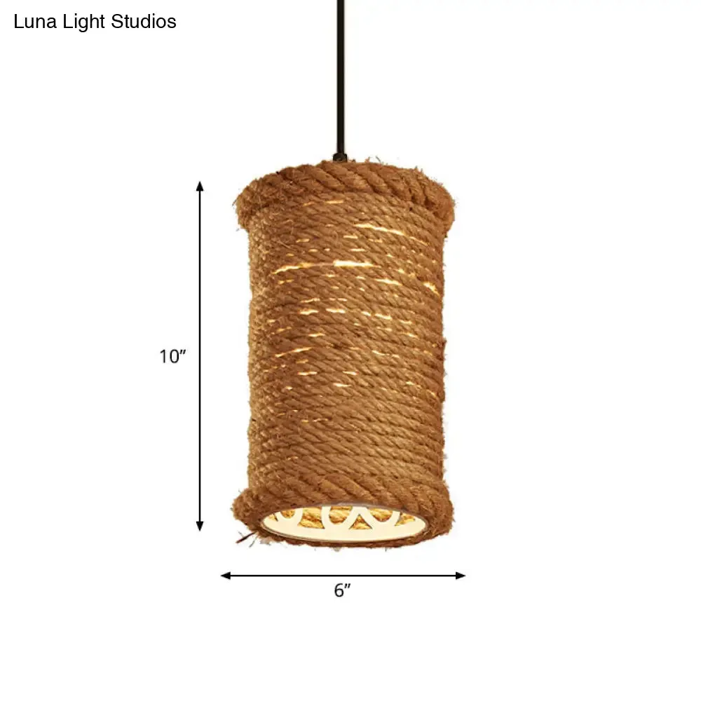 Farm Style Rustic Brown Cylinder Pendant Light with Rope Detail - Metal Hanging Lighting for Dining Room