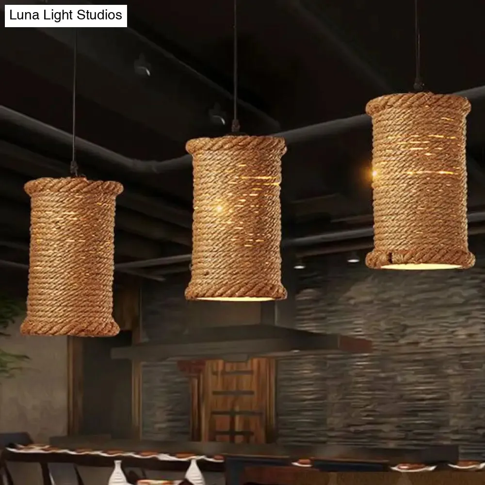 Farm Style Rustic Brown Cylinder Pendant Light with Rope Detail - Metal Hanging Lighting for Dining Room