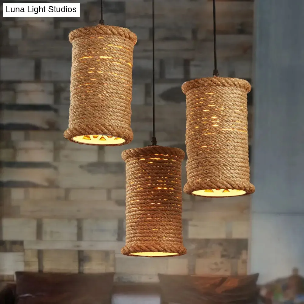 Farm Style Rustic Brown Cylinder Pendant Light with Rope Detail - Metal Hanging Lighting for Dining Room