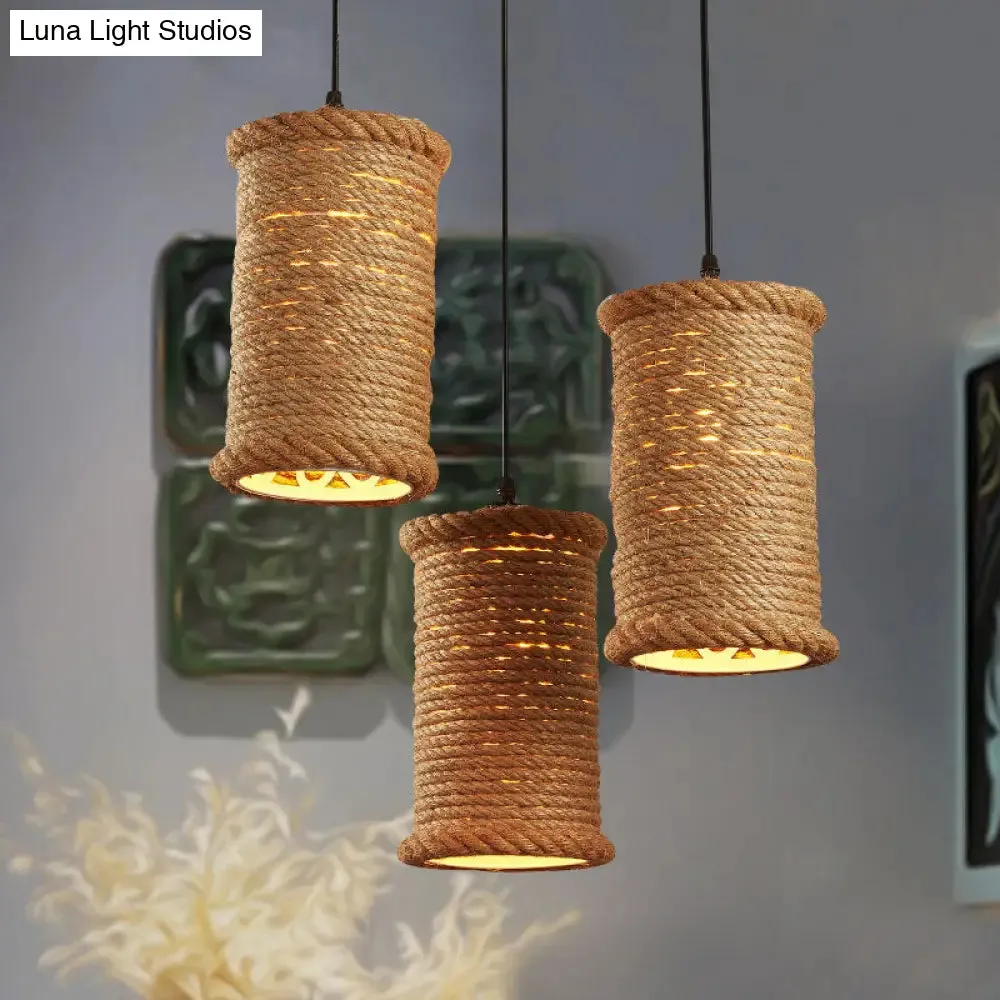 Farm Style Rustic Brown Cylinder Pendant Light with Rope Detail - Metal Hanging Lighting for Dining Room