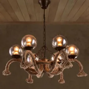 Farmhouse Rope Chandelier with 6 Smokey Glass Shades - Ideal for Dining Rooms