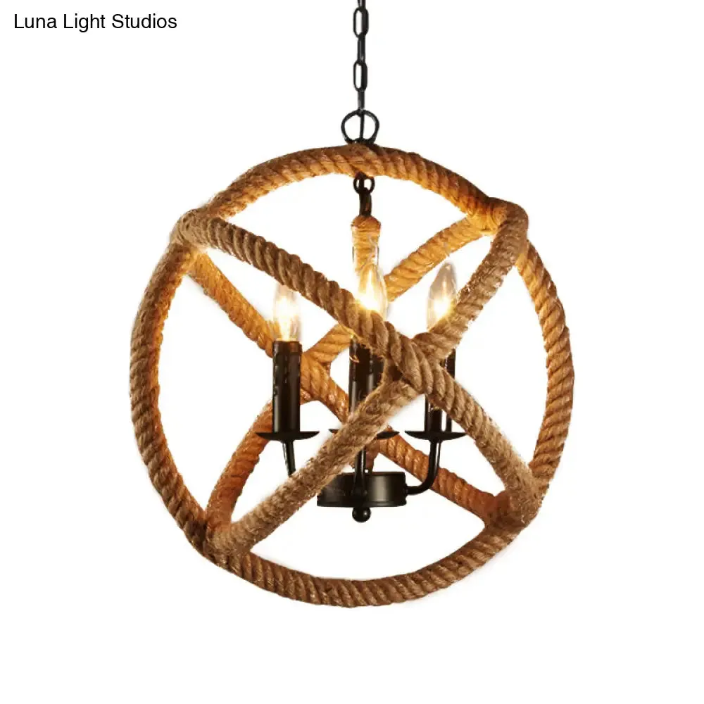 Flaxen Hemp Rope Pendant Ceiling Light with Metallic Candle – Retro Style, 3-Bulb Suspension Lighting Sphere