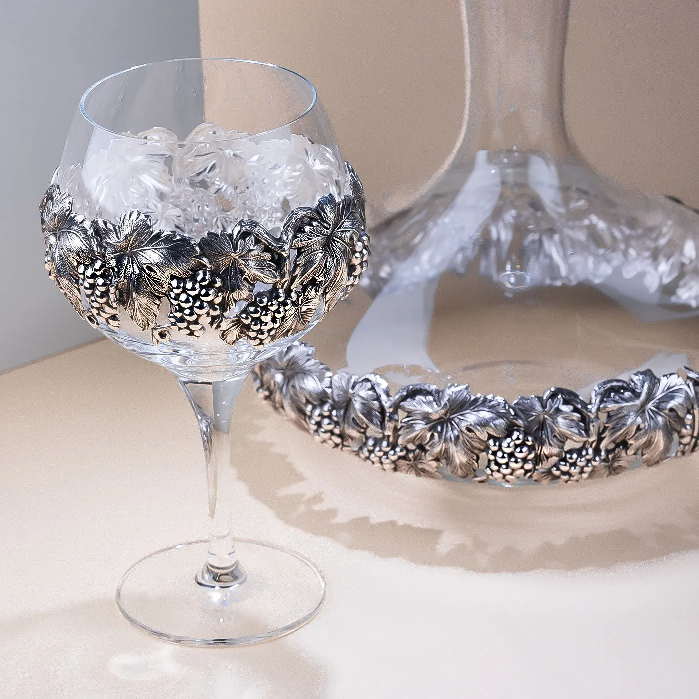 Glass Wine Decanter With Silver Plated Leaves and Grapes