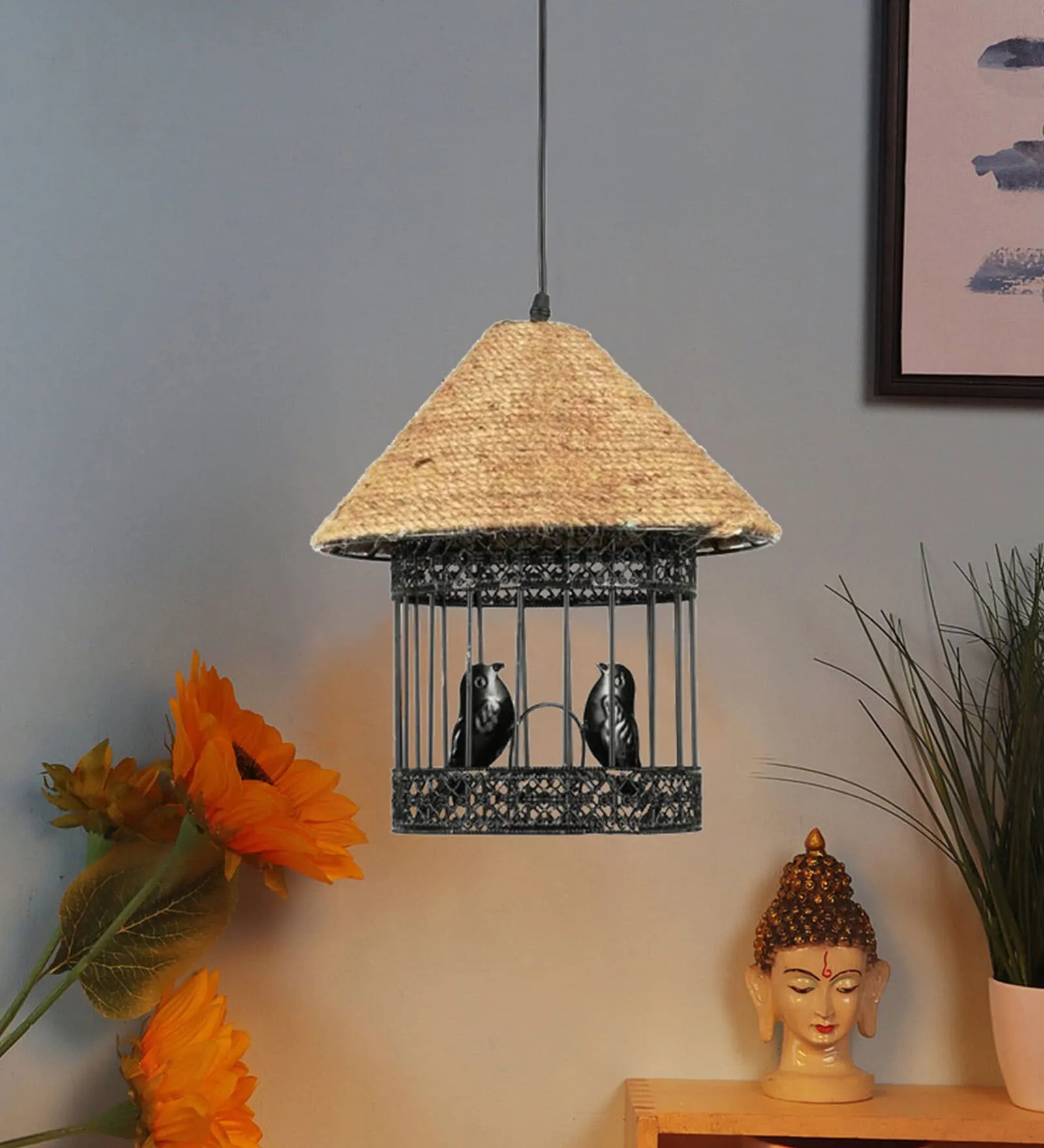 GreyWings Love Bird Cage Vintage Edison Rope Ceiling Hanging Pendant Light, Black