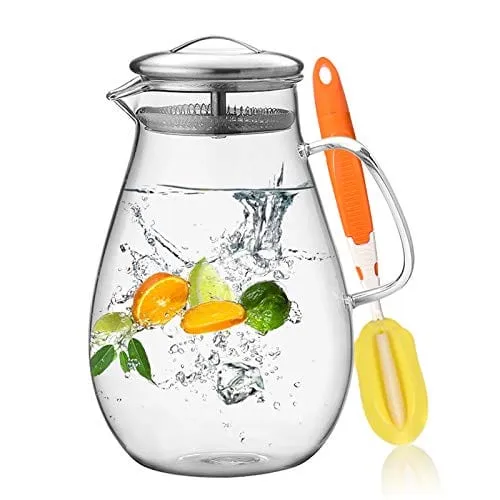 Hiware 64 Ounces Glass Pitcher with Lid / Water Pitcher with Handle - Good Beverage Carafe Pitcher for Juice, Milk, Beverage, Hot/Cold Water & Iced Tea, Cleaning Brush Included