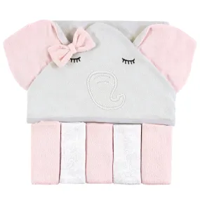 Hudson Baby Hooded Towel and Five Washcloths, Gray Pink Elephant