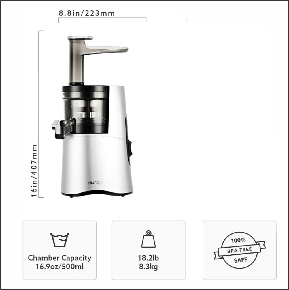 Hurom H-Aa Slow Cold Press Juicer Slow Squeeze Alpha Technology All-In-One Juicer Make Juice, Smoothies, Nut Milk, Sorbet , Matte Silver, 150 Watts