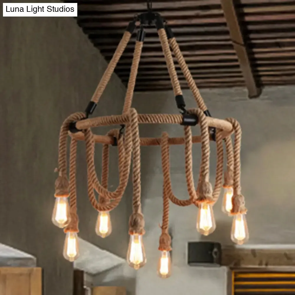 Industrial Beige Rope Chandelier - Exposed Bulbs, 6/8 Lights - Ideal for Dining Room