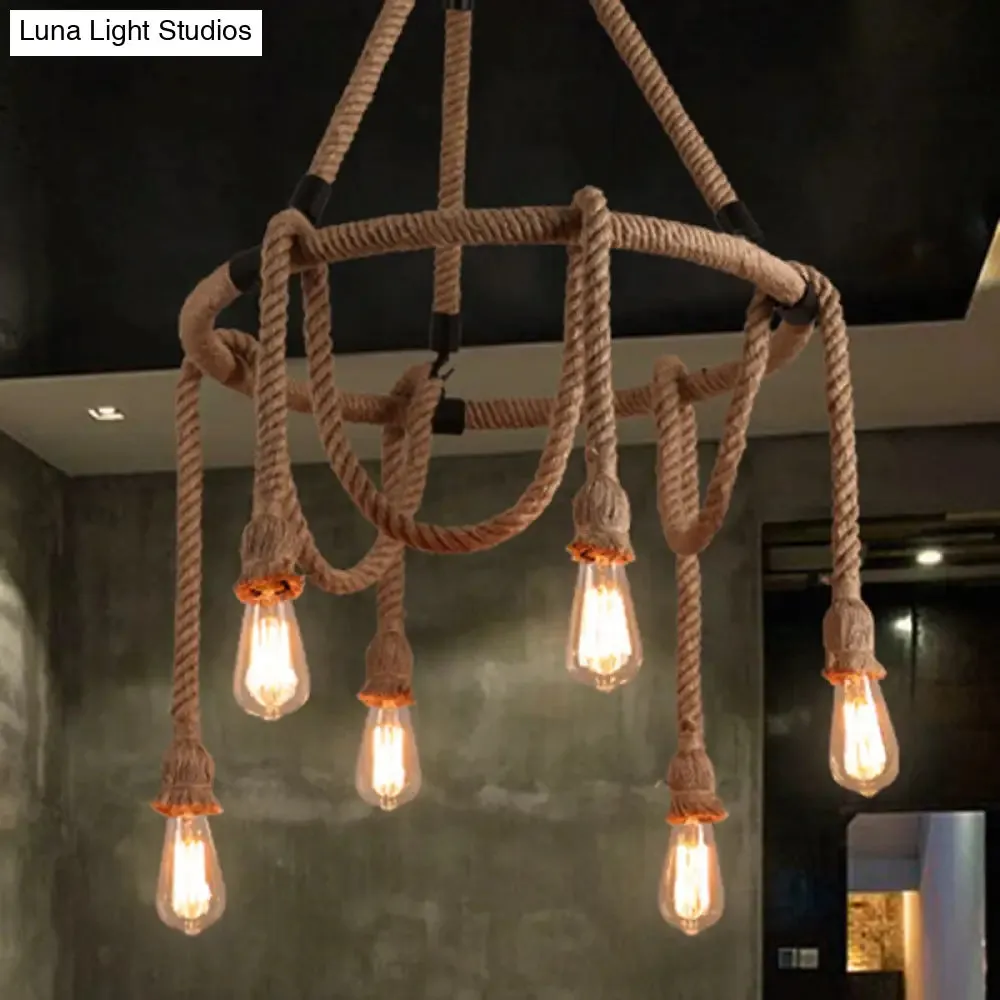 Industrial Beige Rope Chandelier - Exposed Bulbs, 6/8 Lights - Ideal for Dining Room