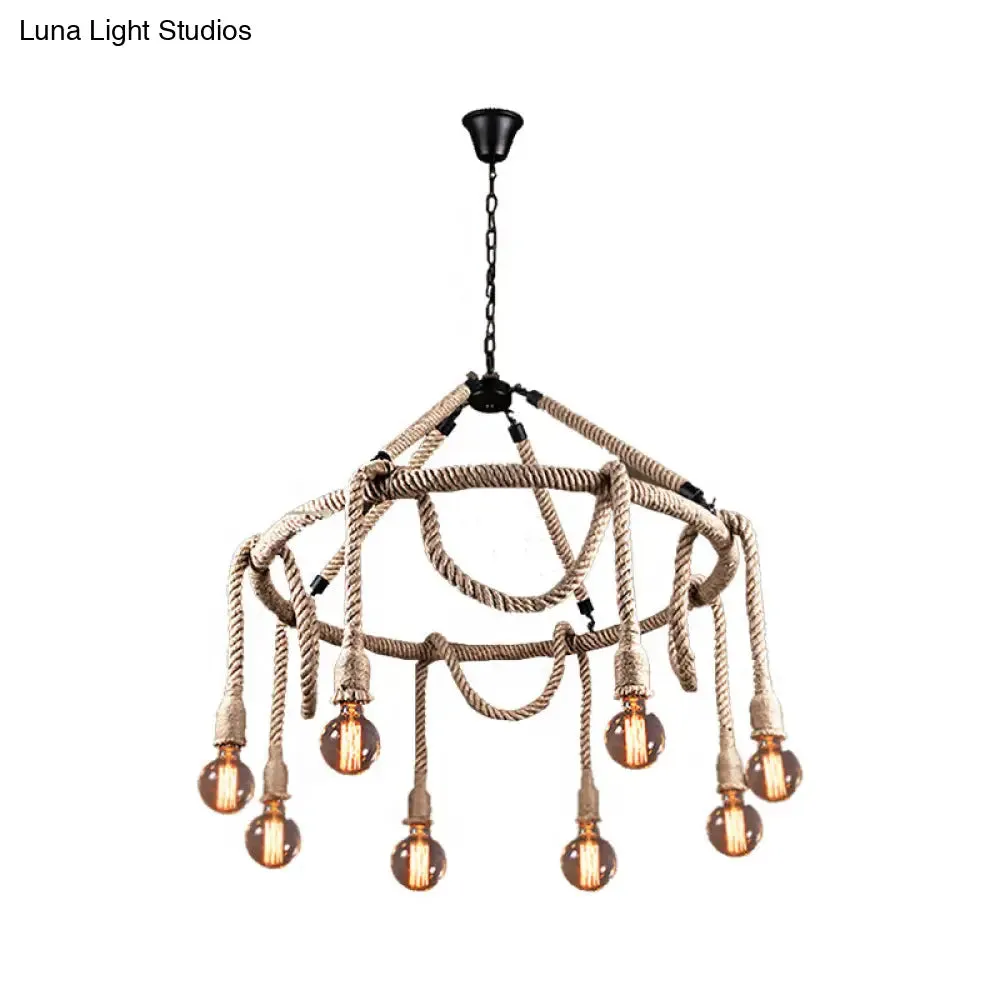 Industrial Beige Rope Chandelier - Exposed Bulbs, 6/8 Lights - Ideal for Dining Room