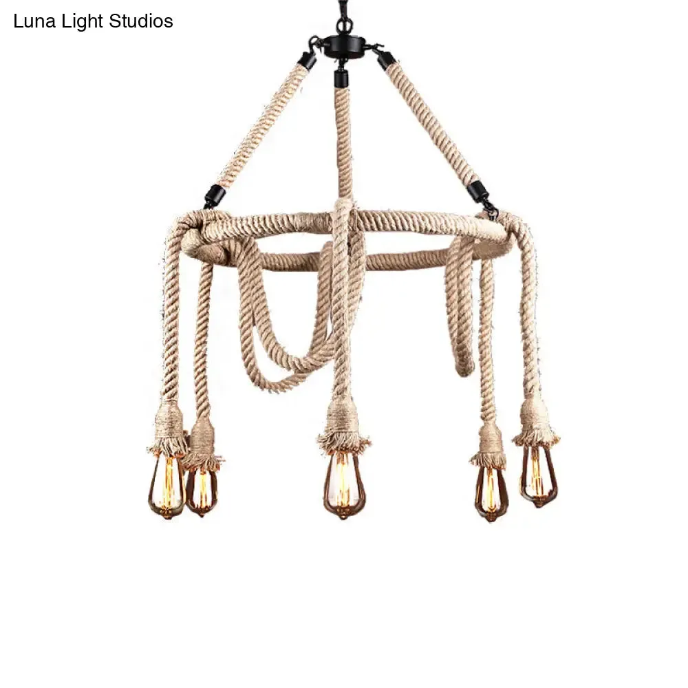 Industrial Beige Rope Chandelier - Exposed Bulbs, 6/8 Lights - Ideal for Dining Room