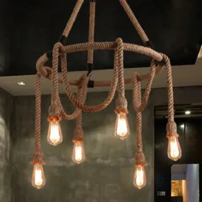 Industrial Beige Rope Chandelier - Exposed Bulbs, 6/8 Lights - Ideal for Dining Room