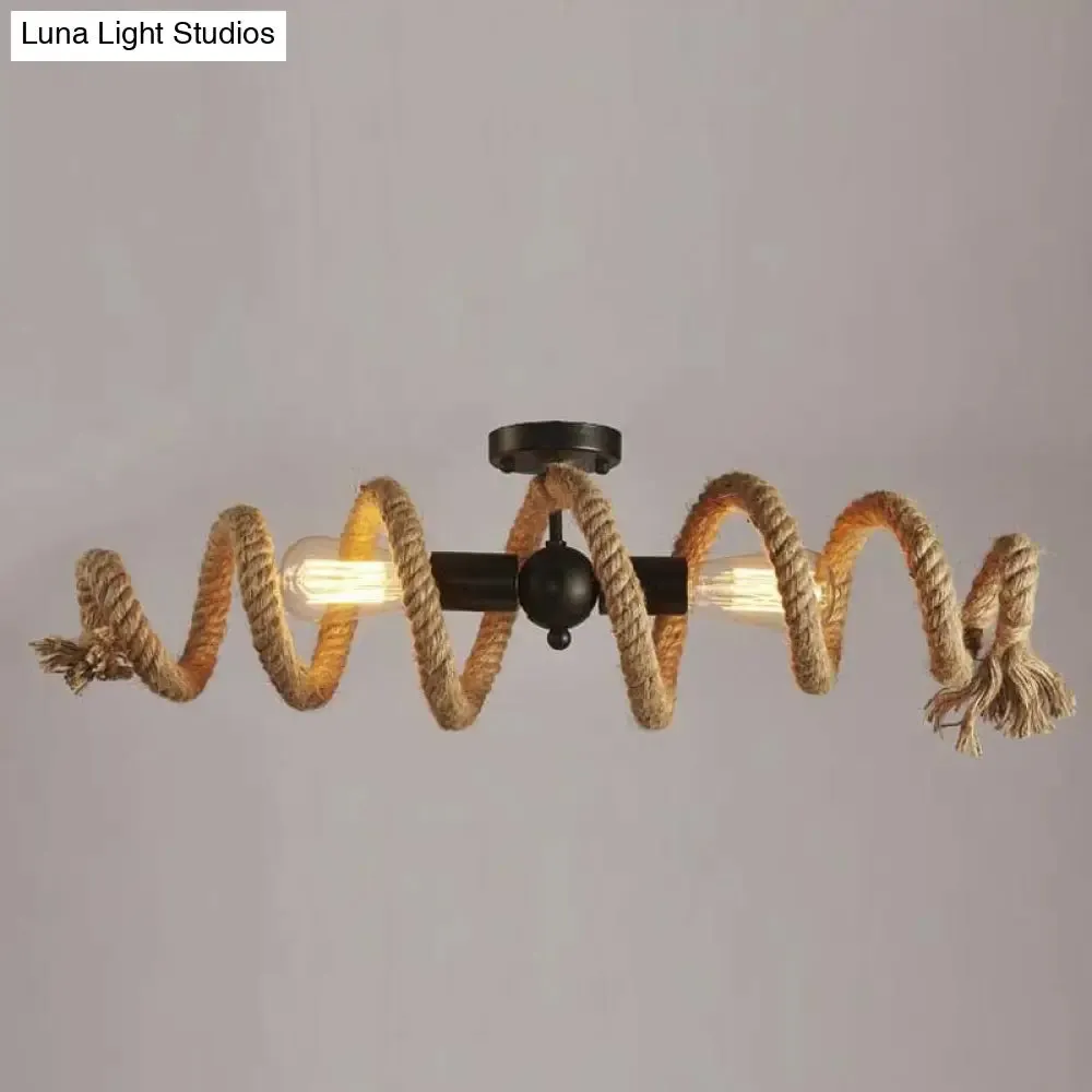 Industrial Black Metal and Hemp Rope Semi Flush Mount Ceiling Light with Swirl Design