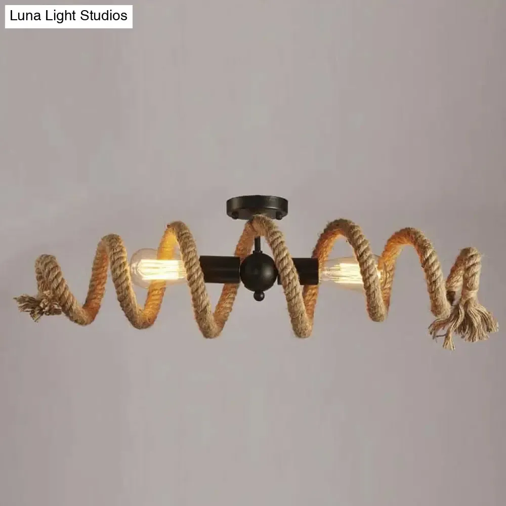 Industrial Black Metal and Hemp Rope Semi Flush Mount Ceiling Light with Swirl Design