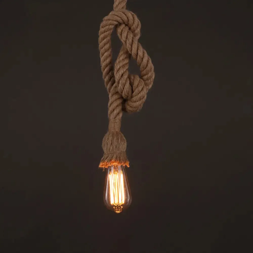 Industrial Hemp Rope Pendant Light with Exposed Bulb in Beige