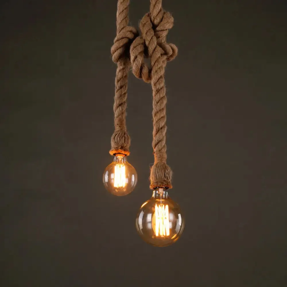 Industrial Hemp Rope Pendant Light with Exposed Bulb in Beige