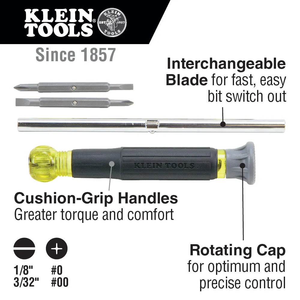 KLEIN MULTI-BIT ELECTRONICS SCREWDRIVER, 4-IN-1, PHILLIPS, SLOTTED BITS