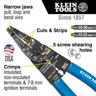 Klein Tools 1010 Multi Tool Long Nose Wire Cutter, Made in USA, Wire Crimper, Stripper and Bolt Cutter Multi-Purpose Electrician Tool, 8-Inch Long